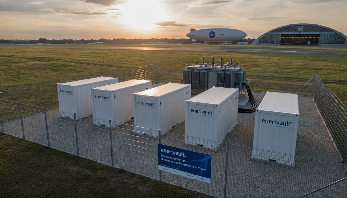 Visualisierung: fünf Batteriecontainer mit ener:vault-Beschriftung auf einer eingezäunten Schotterfläche am Flughafen Friedrichshafen, daneben eine Trafostation, dahinter die Start- und Landebahn, ein Zeppelin und der Zeppelin-Hangar im Abendlicht